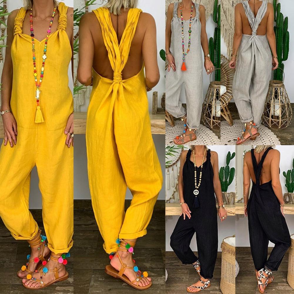 80% HOT SALES！！！Women Solid Color Bib Overall Sleeveless Backless Knotted Jumpsuit Dungarees - RY MARKET PLACE