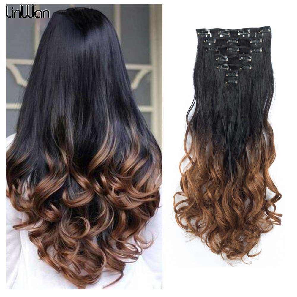 LINWAN Hair 22inch Ombre Hair Long Curly Hair Extension 16 Clips High Tempreture Synthetic Hairpiece Clip In Hair Extensions - RY MARKET PLACE