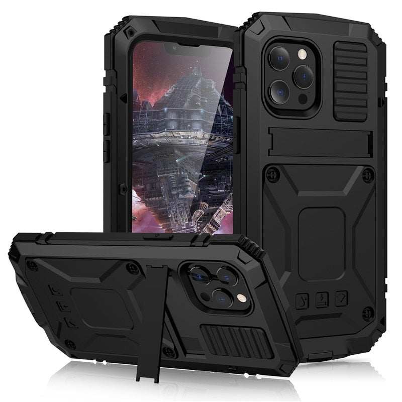 Full-Body Rugged Armor Shockproof Protective Case for iPhone 14 Plus 13 12 11 14 Pro Max Mini Kickstand Aluminum Metal Cover - RY MARKET PLACE