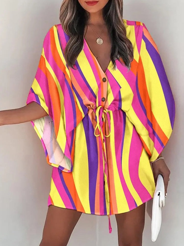 Casual Boho Button Beach Dresses 2023 New Vintage Batwing Sleeve Drawstring Dress Women Fashion Loose V-Neck Printed Mini Dress - RY MARKET PLACE