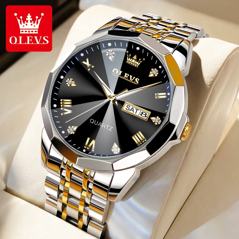 OLEVS Men's Watches Top Brand Original Quartz Watch for Man Waterproof Rhombus Mirror Luminous Wristwatch Date Week Casual New - RY MARKET PLACE