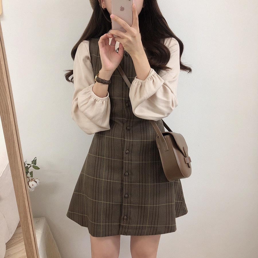 Cute Mini New Year Date Dresses Sleeveless Vest Women Korea Japanese Style Design Retro Vintage Plaid Button Shirt Dress 11021 - RY MARKET PLACE